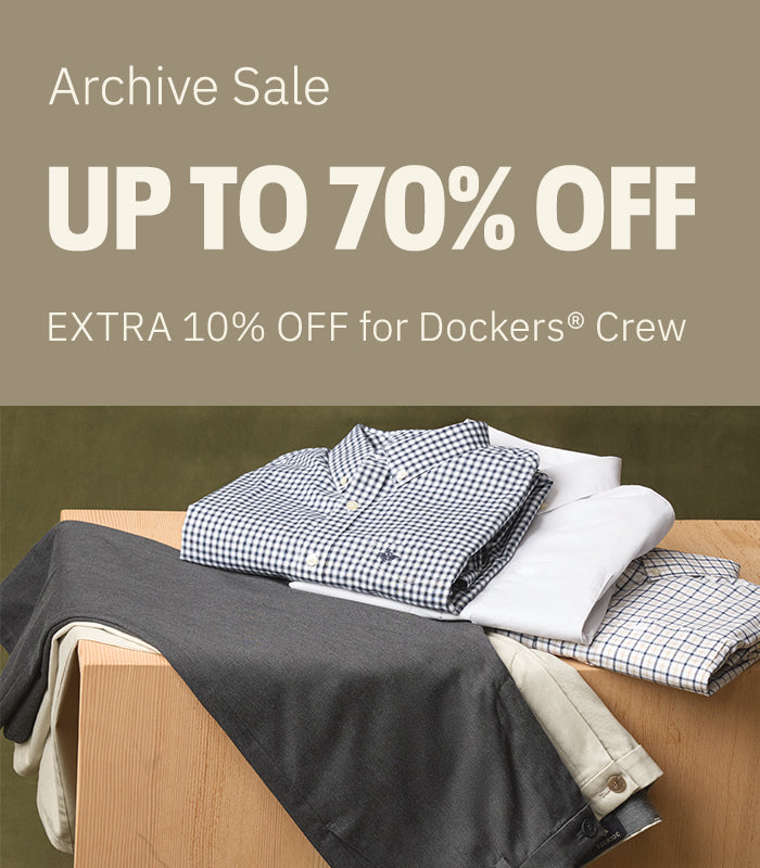 Clothing on a wooden surface with promotional text for an archive sale and discount for Dockers Crew.