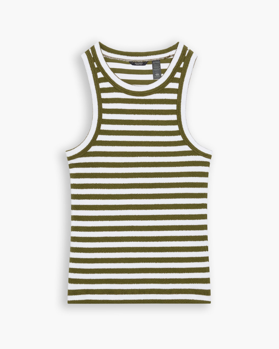View of model wearing Avocado Rib Tank, Slim Fit.