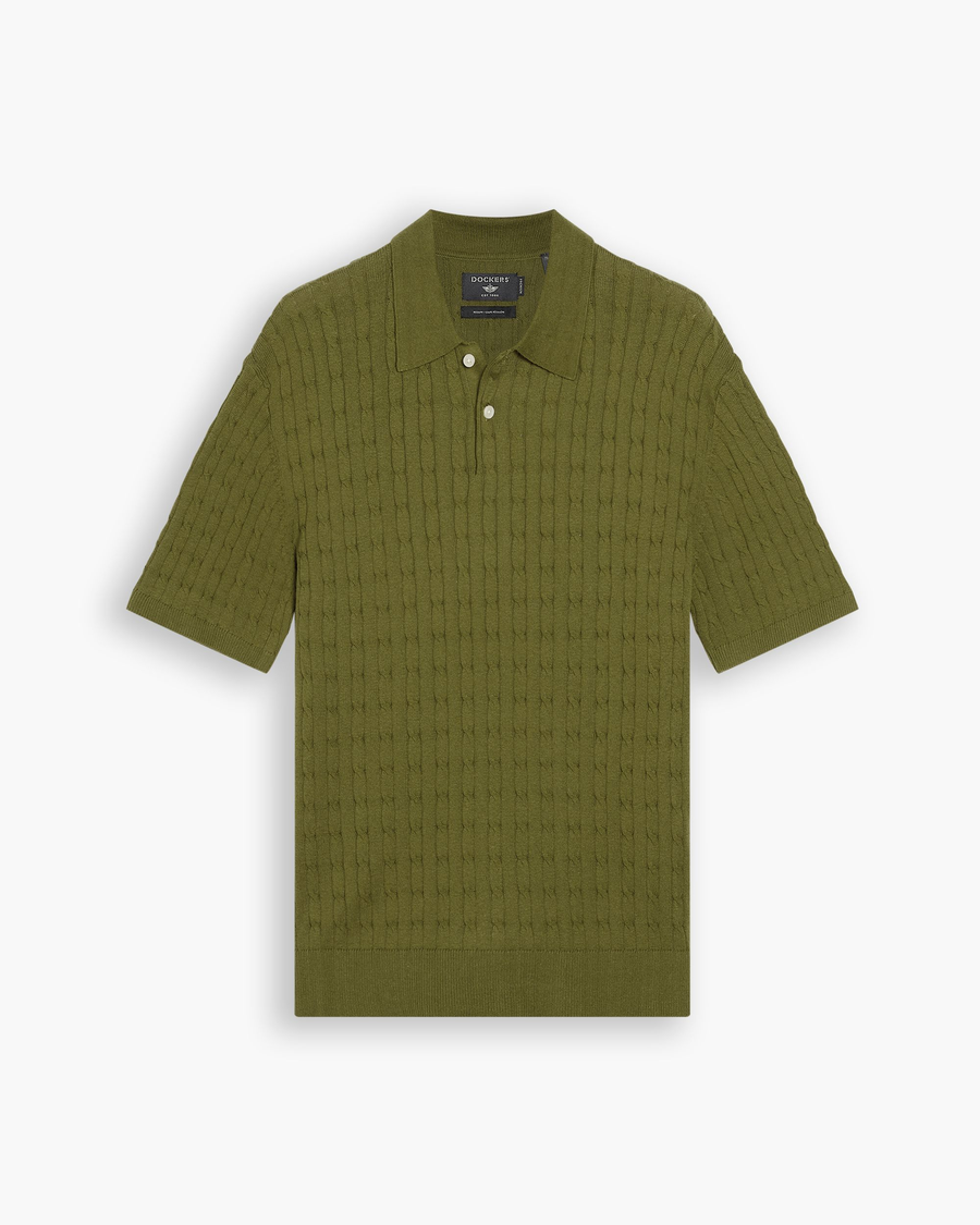 View of model wearing Avocado Sweater Polo, Regular Fit.