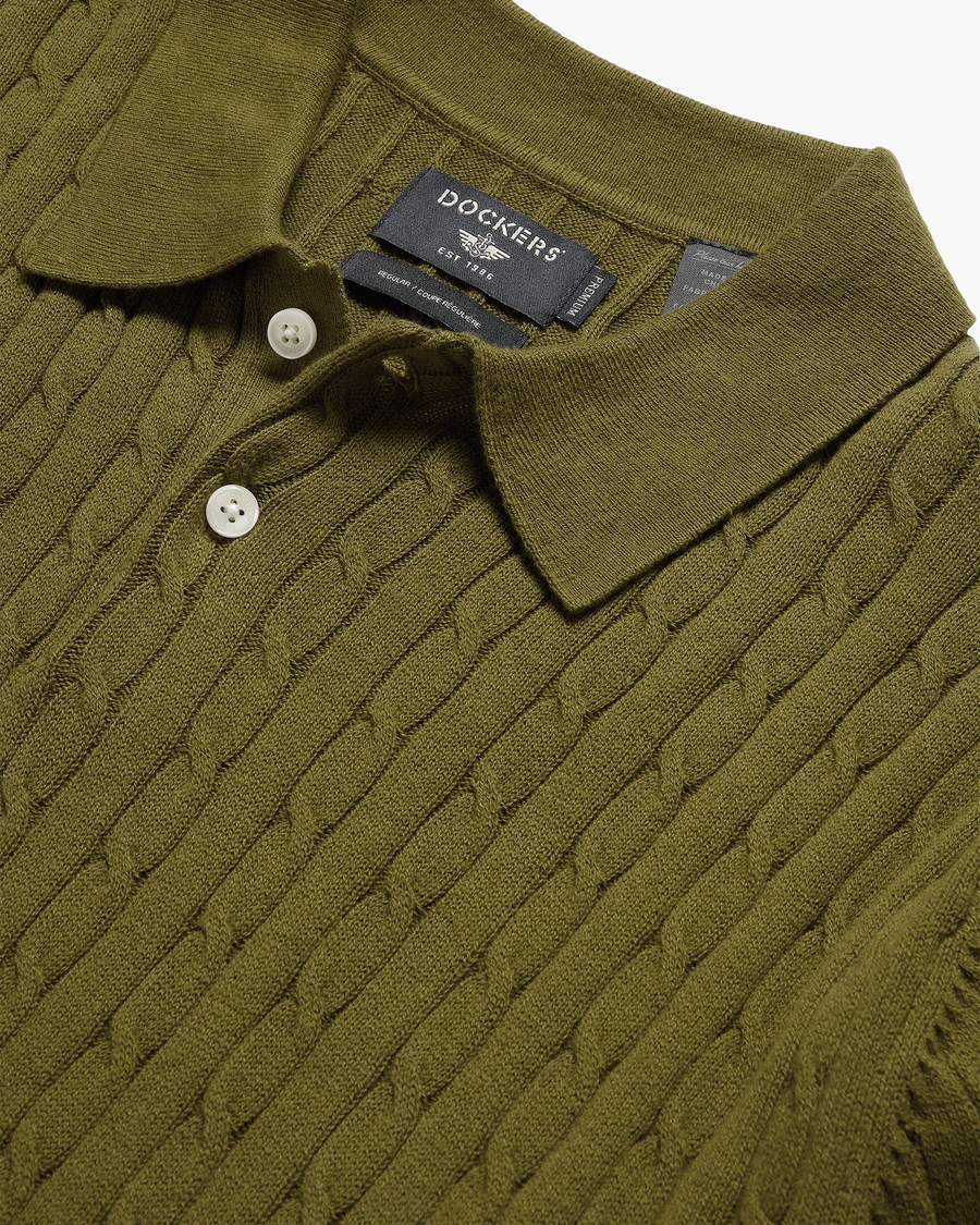View of model wearing Avocado Sweater Polo, Regular Fit.