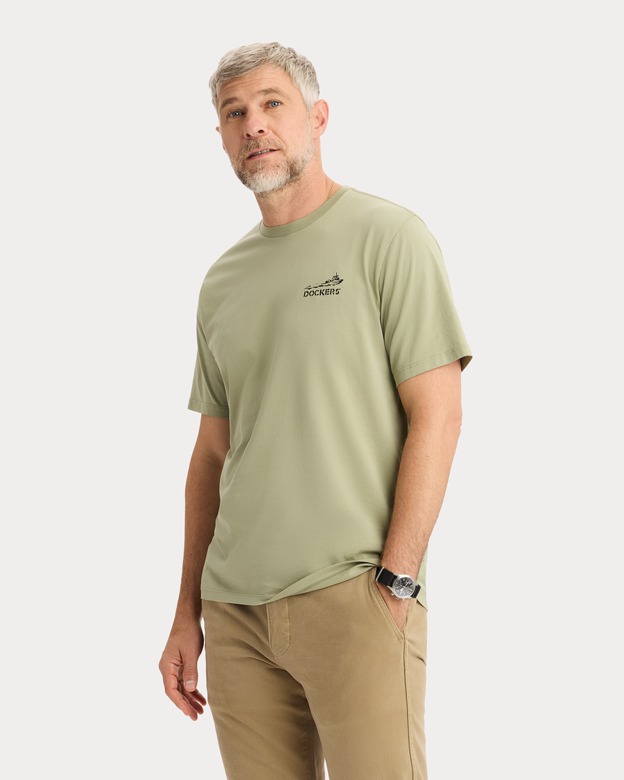 View of model wearing Bay Tea Graphic Tee, Regular Fit.