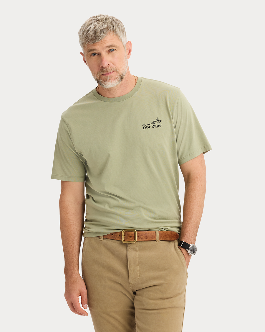 View of model wearing Bay Tea Graphic Tee, Regular Fit.