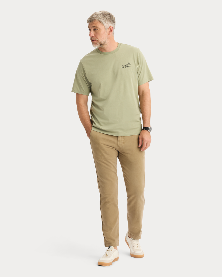 View of model wearing Bay Tea Graphic Tee, Regular Fit.