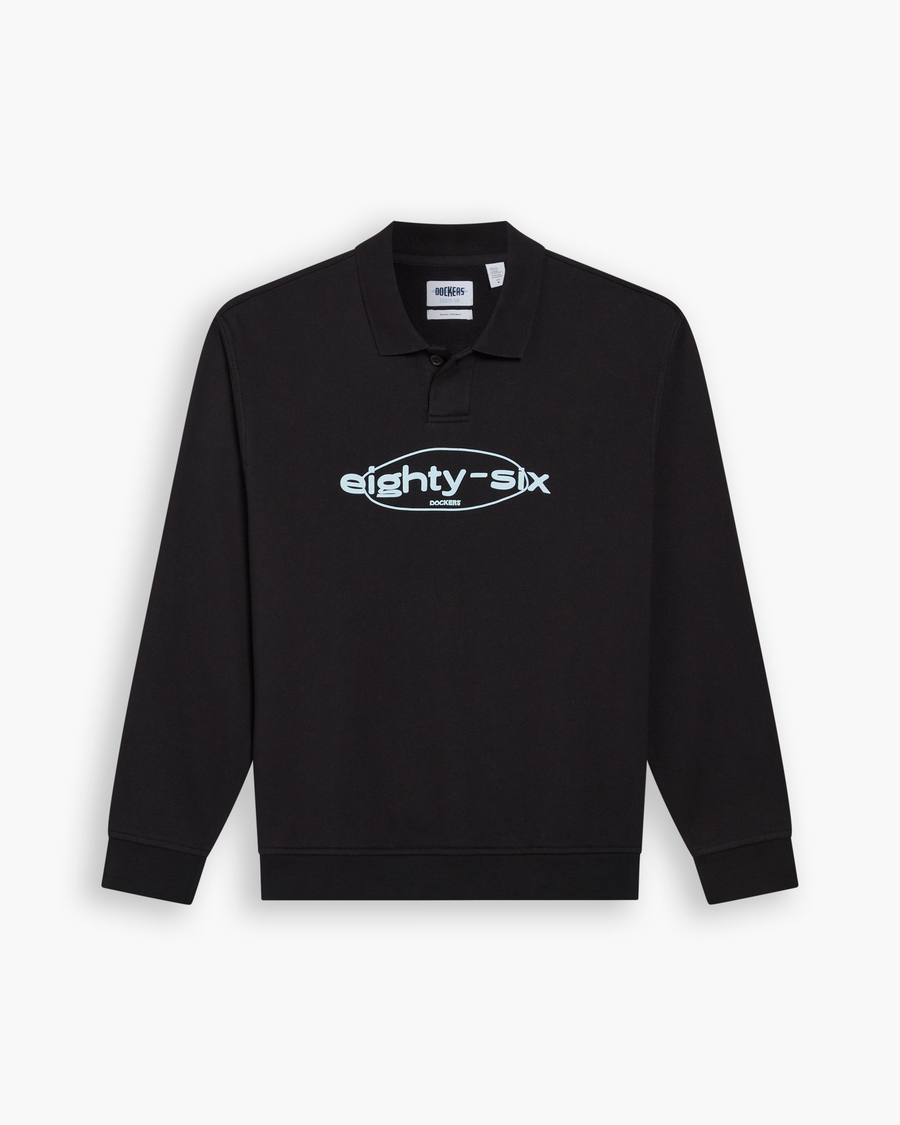 View of model wearing Beautiful Black Eighty-Six Collared Sweatshirt, Relaxed Fit.