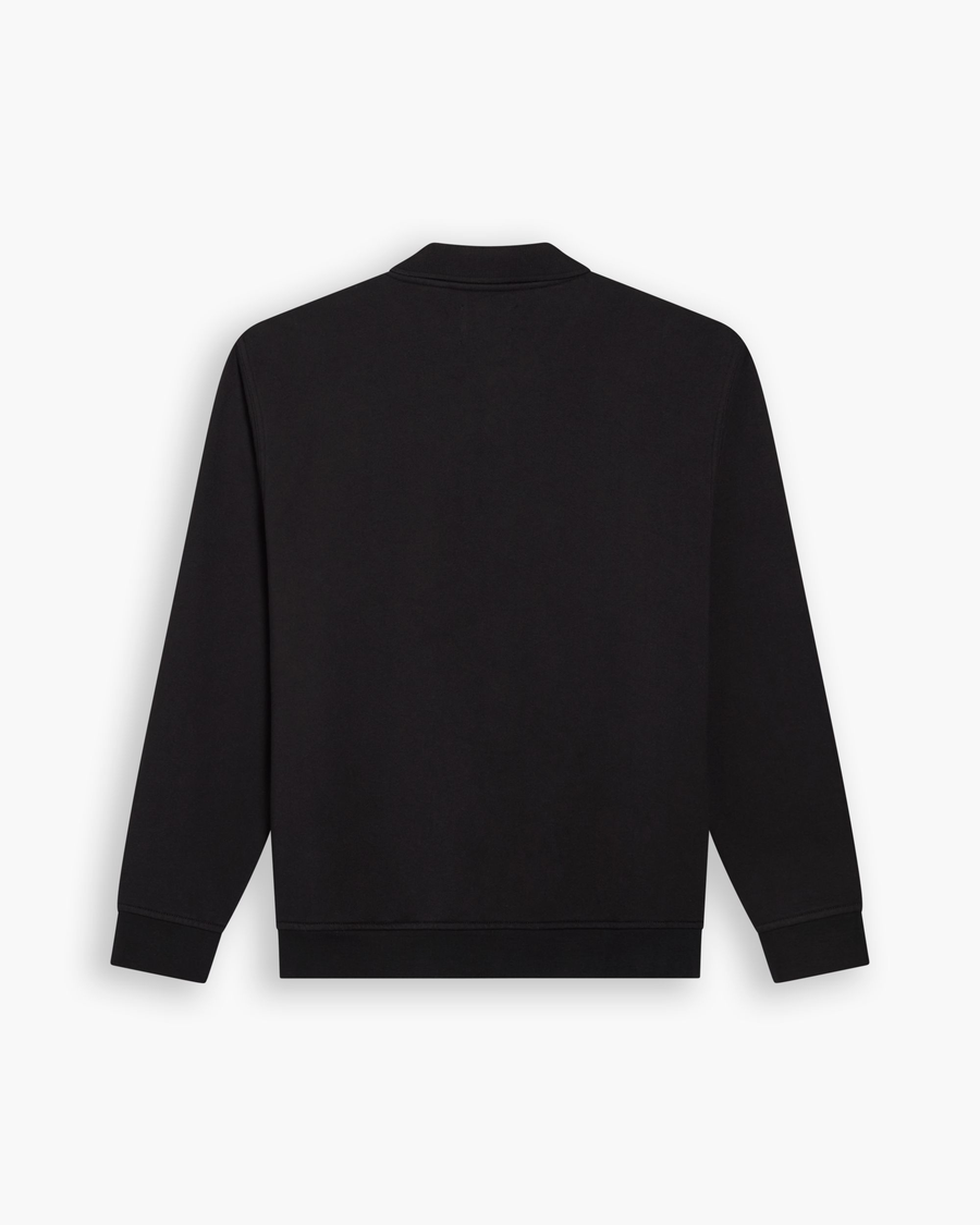 View of model wearing Beautiful Black Eighty-Six Collared Sweatshirt, Relaxed Fit.