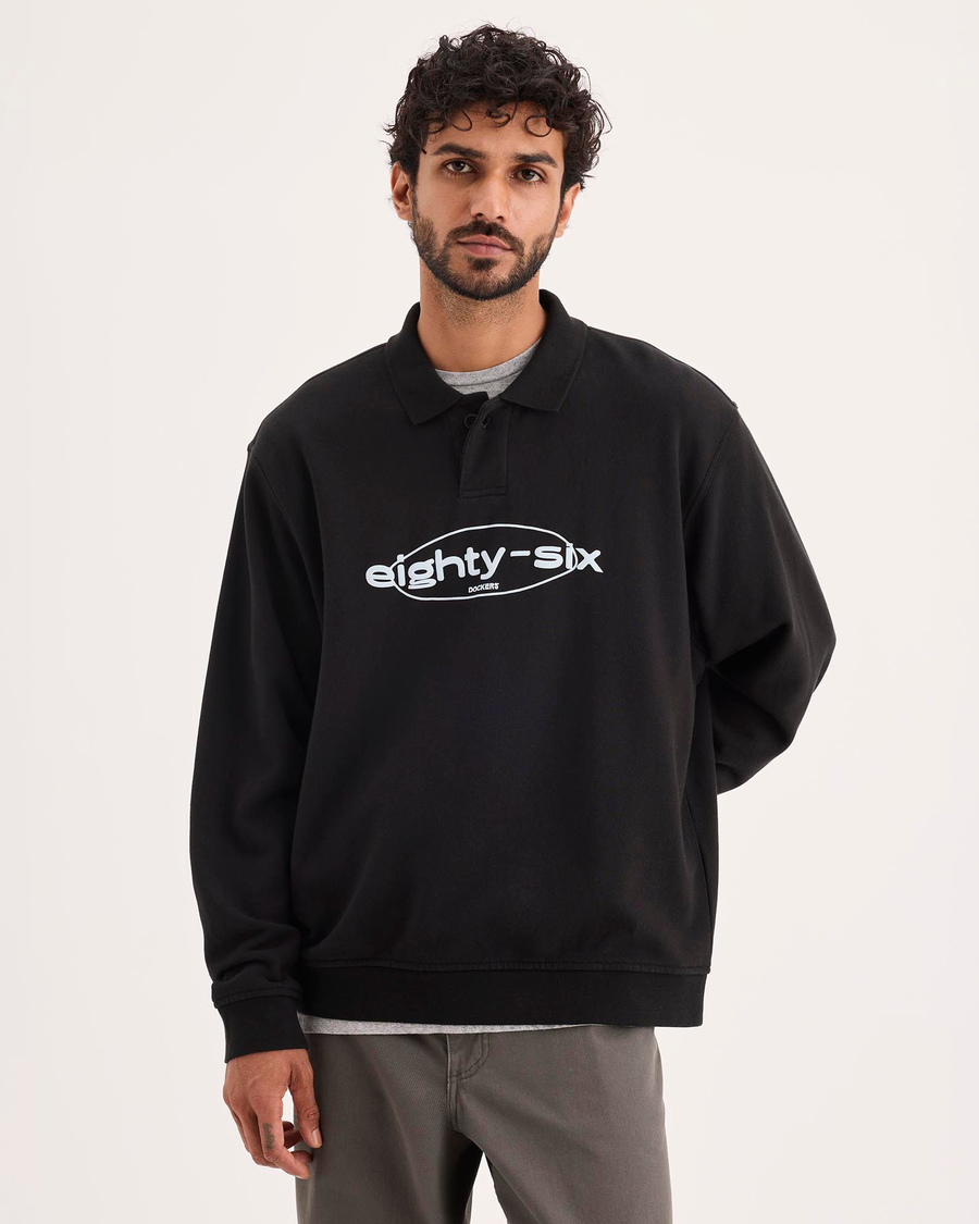 Front view of model wearing Beautiful Black Eighty-Six Collared Sweatshirt, Relaxed Fit.