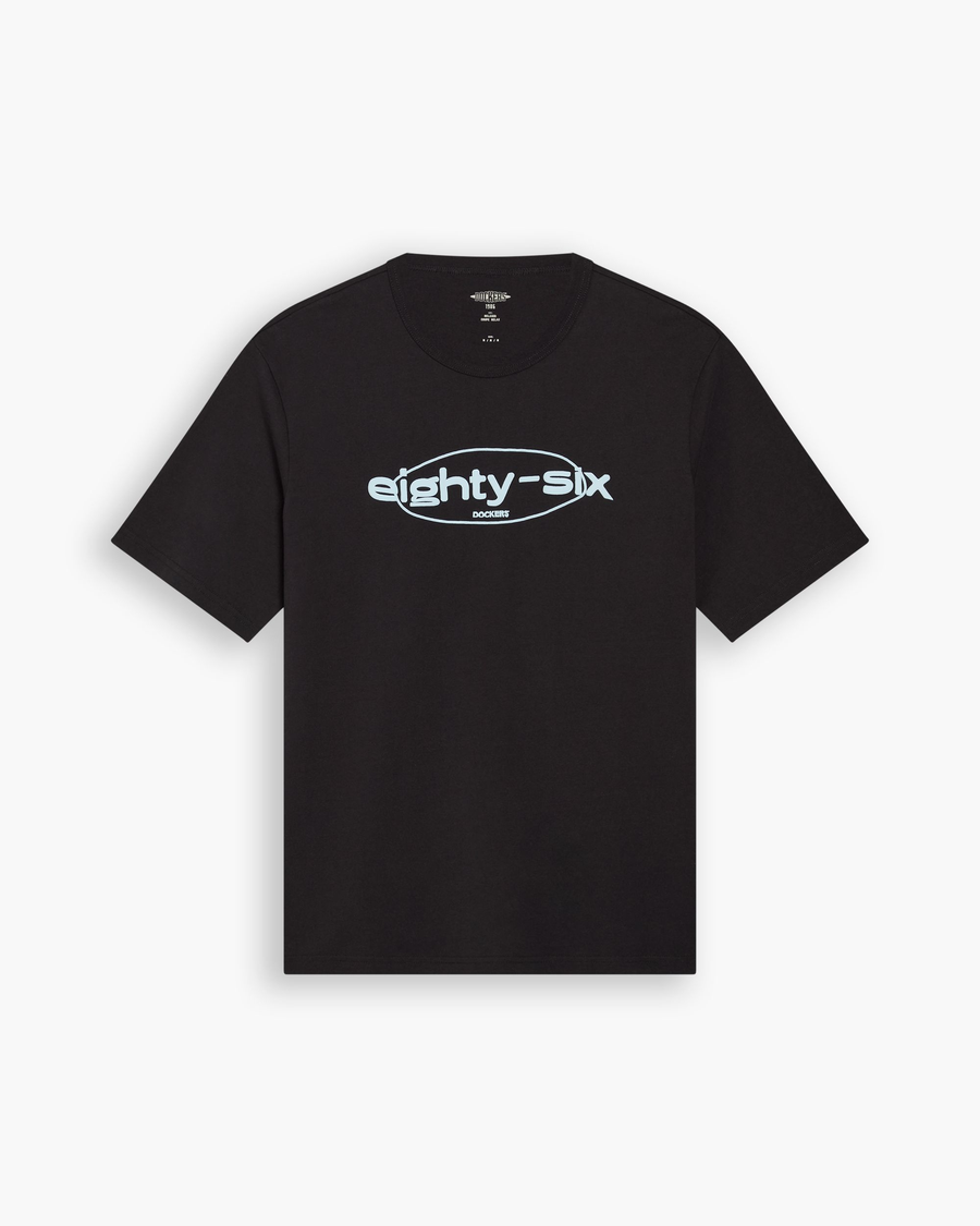 View of model wearing Beautiful Black Eighty-Six Crewneck Tee, Relaxed Fit.