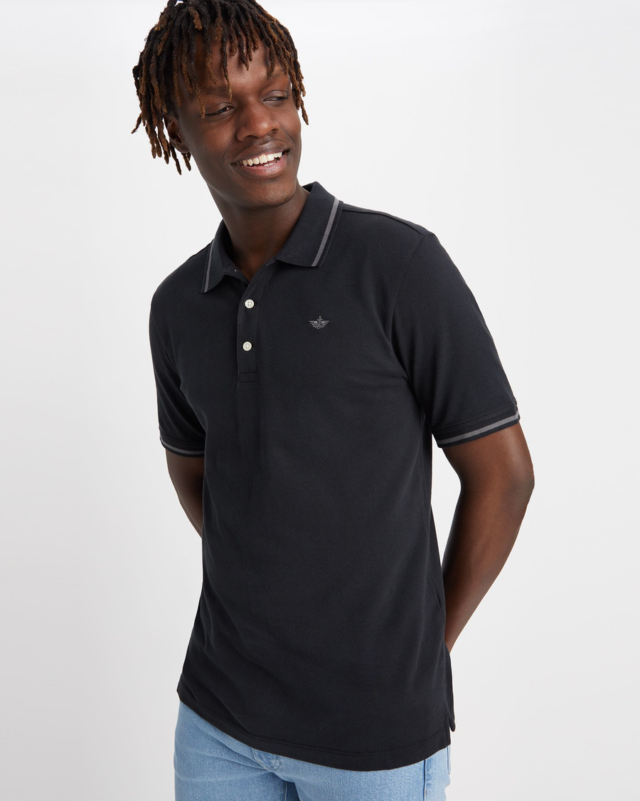 View of model wearing Beautiful Black Men's Slim Fit Original Polo.