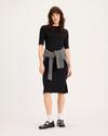 View of model wearing Beautiful Black Rib Dress with Lofi Knit, Slim Fit.