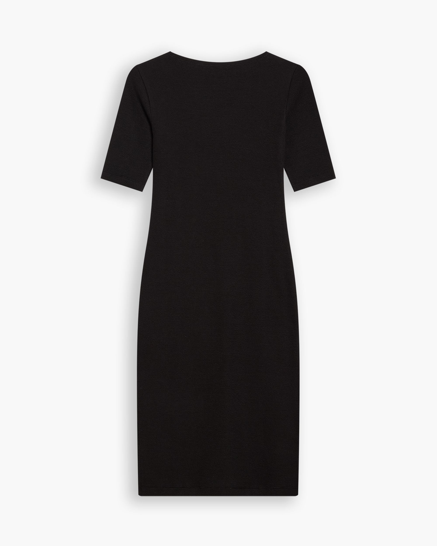 View of model wearing Beautiful Black Rib Dress with Lofi Knit, Slim Fit.