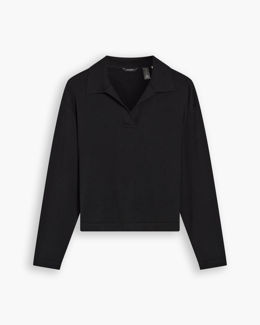 View of model wearing Beautiful Black Sweater Polo, Relaxed Fit.