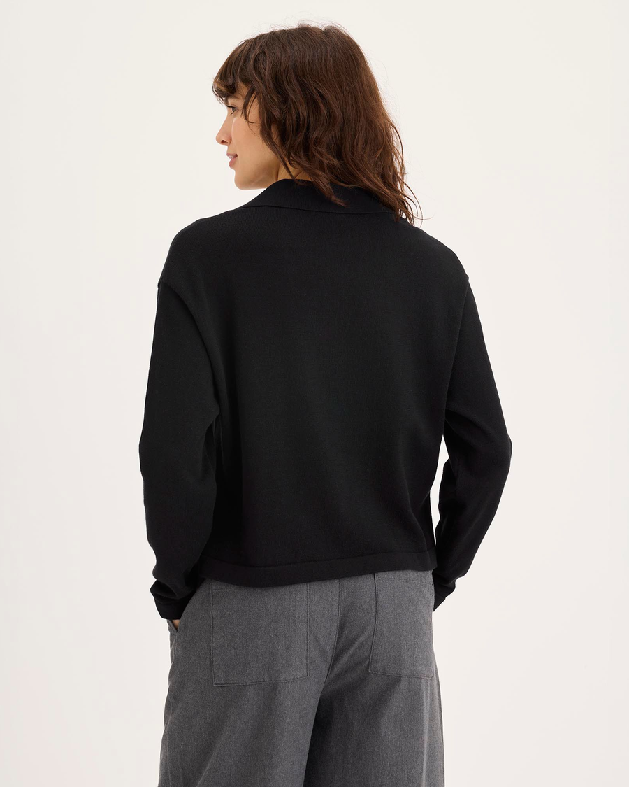 Back view of model wearing Beautiful Black Sweater Polo, Relaxed Fit.