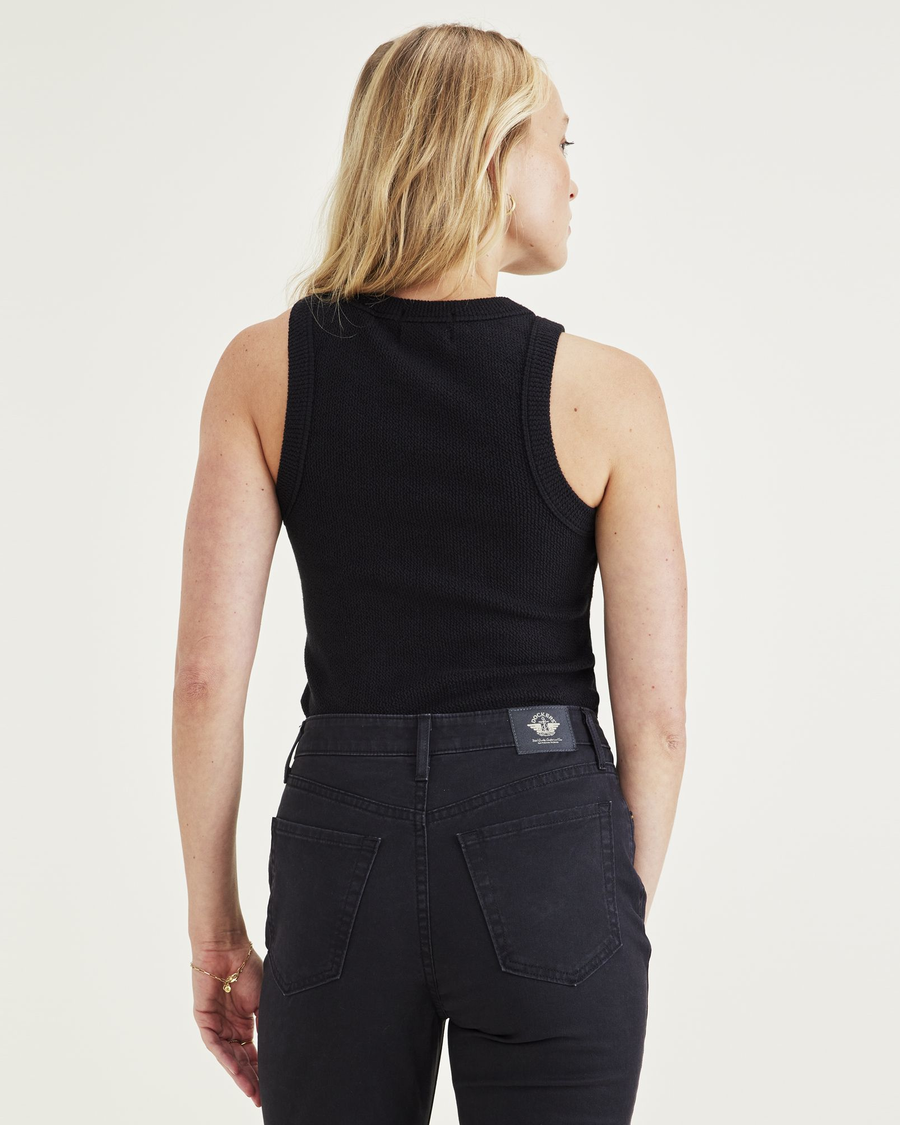 Back view of model wearing Beautiful Black Women's Slim Fit Knit Tank.