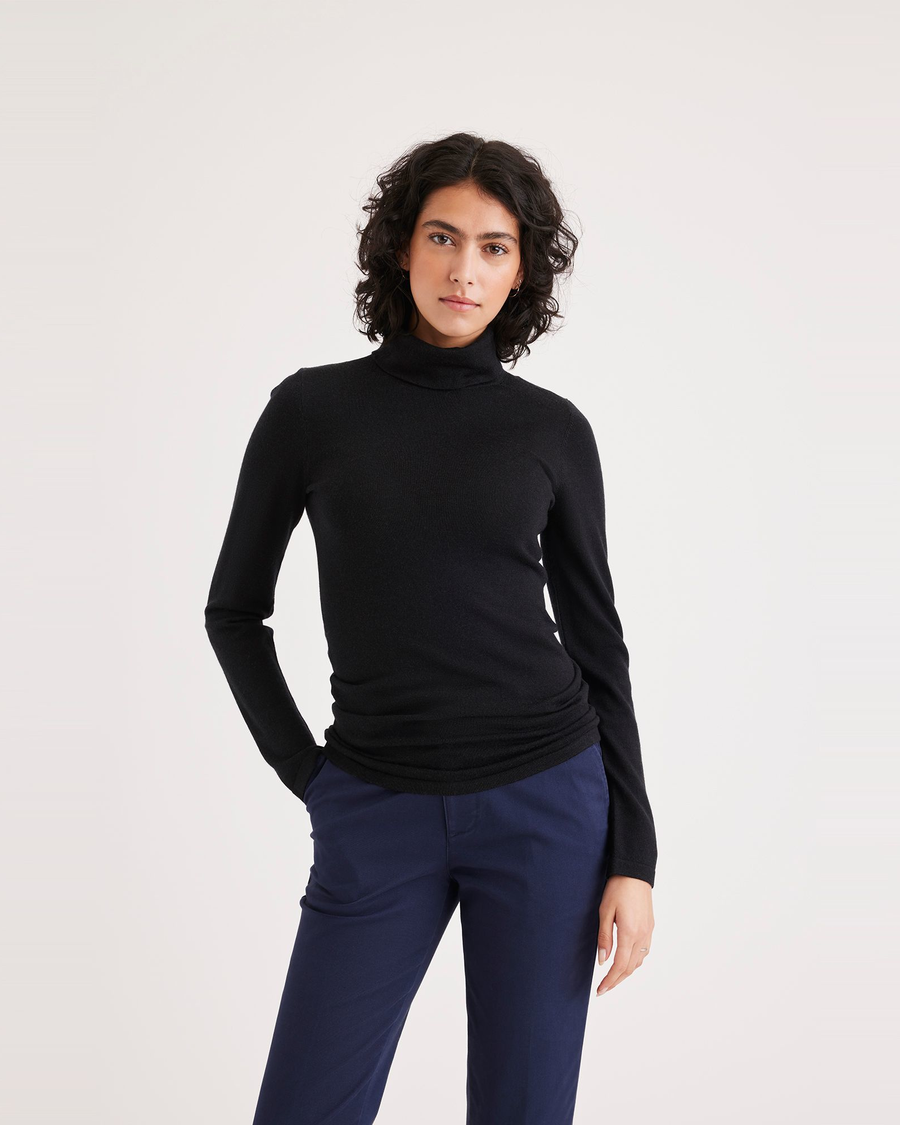 Front view of model wearing Beautiful Black Women's Slim Fit Turtleneck Sweater.