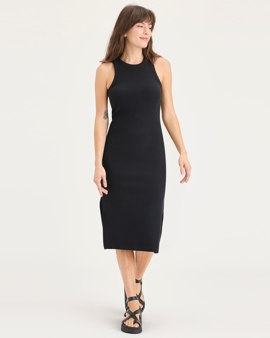 Front view of model wearing Beautiful Black Women's Tank Dress.