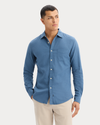 View of model wearing Bering Sea Icon Button Up Shirt, Slim Fit.