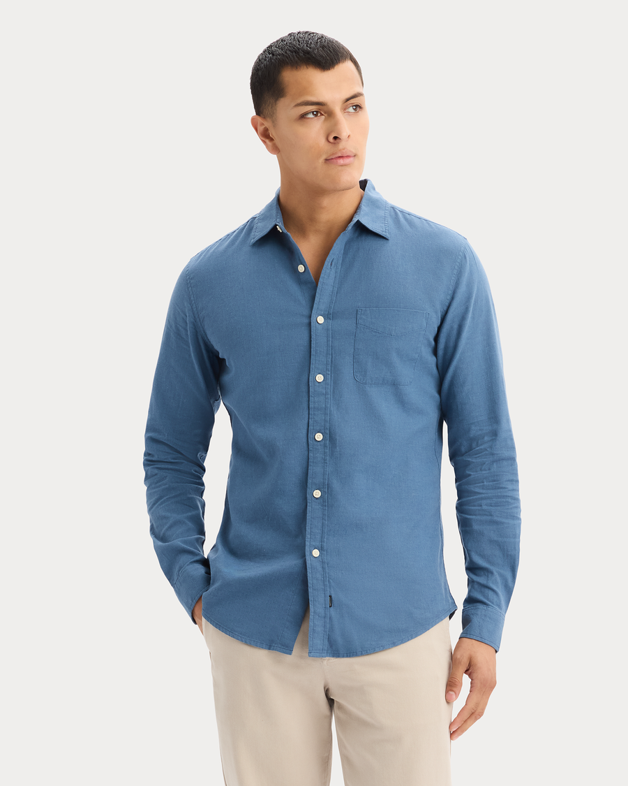 View of model wearing Bering Sea Icon Button Up Shirt, Slim Fit.