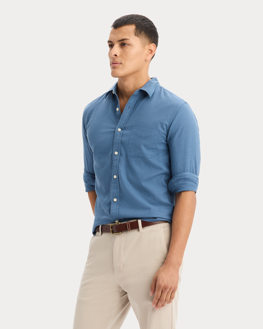 View of model wearing Bering Sea Icon Button Up Shirt, Slim Fit.