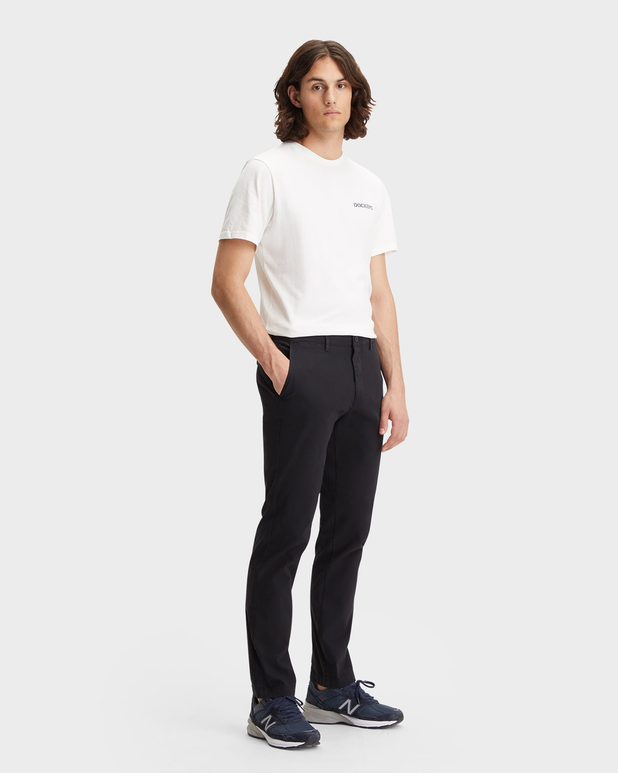 Front view of model wearing Black Crafted Khaki Pants, Slim Fit.