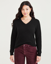 Front view of model wearing Black Women's Regular Fit V-Neck Sweater.