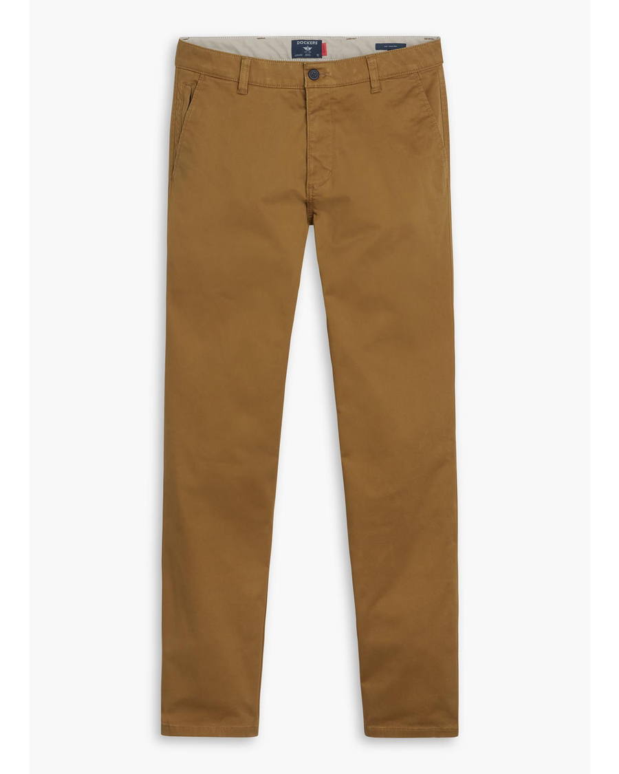 Front view of model wearing Bronze Brown Men's Slim Fit Smart 360 Flex Ultimate Chino Pants.