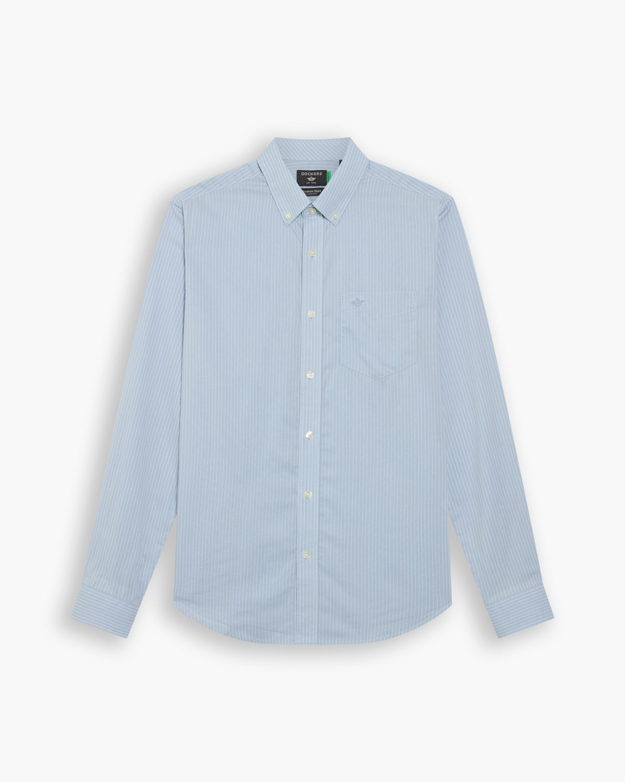 View of model wearing Burnett Subdued Blue Signature Shirt Long Sleeve with Stain Defender®, Slim Fit.