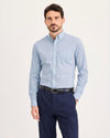 Front view of model wearing Burnett Subdued Blue Signature Shirt Long Sleeve with Stain Defender®, Slim Fit.
