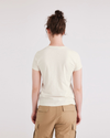 Back view of model wearing Buttercream Women's Slim Fit Graphic Tee Shirt.