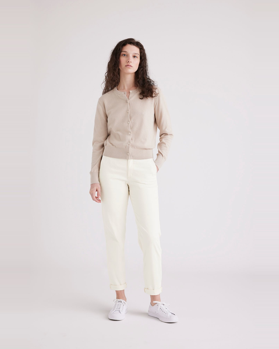 Front view of model wearing Buttercream Women's Slim Fit Weekend Chino Pants.