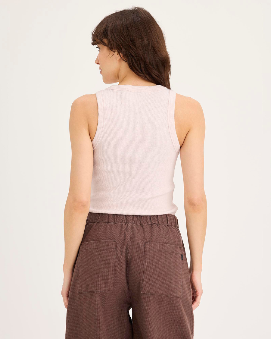 Back view of model wearing Calcite Rib Tank, Slim Fit.