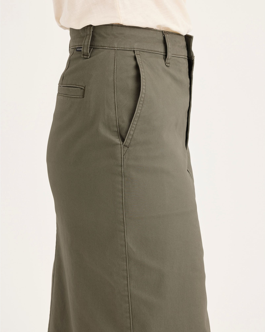 Side view of model wearing Camo Chino Skirt.