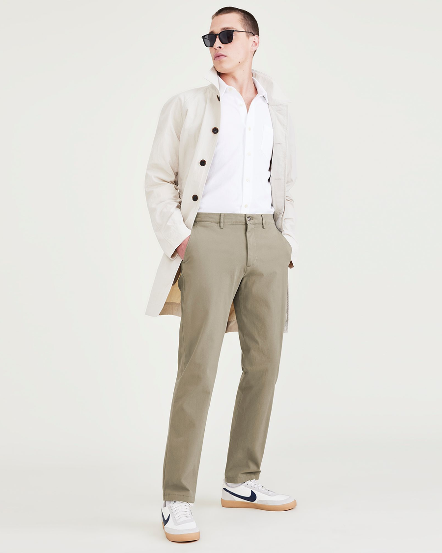 View of model wearing Camo Crafted Khaki Pants, Slim Fit.