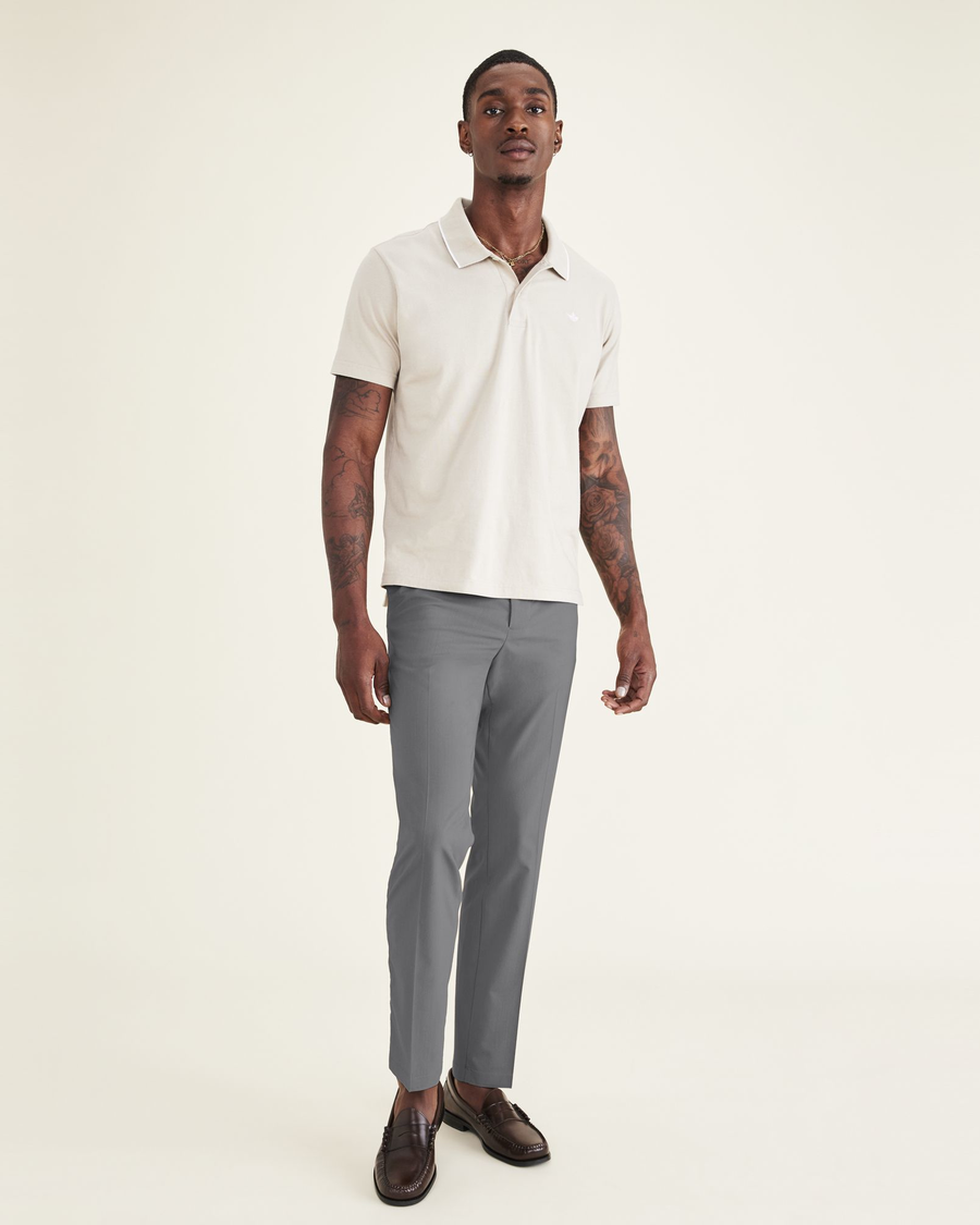 Front view of model wearing Car Park Grey Men's Slim Fit Signature Go Khaki Pants.