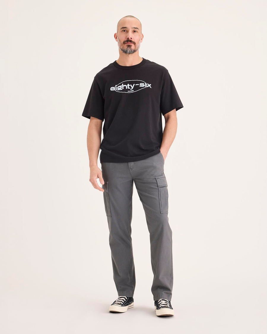 Front view of model wearing Car Park Grey Utility Cargo Pant, Straight Fit.