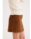 Side view of model wearing Caramel Cafe Women's Button Front Mini Skirt.