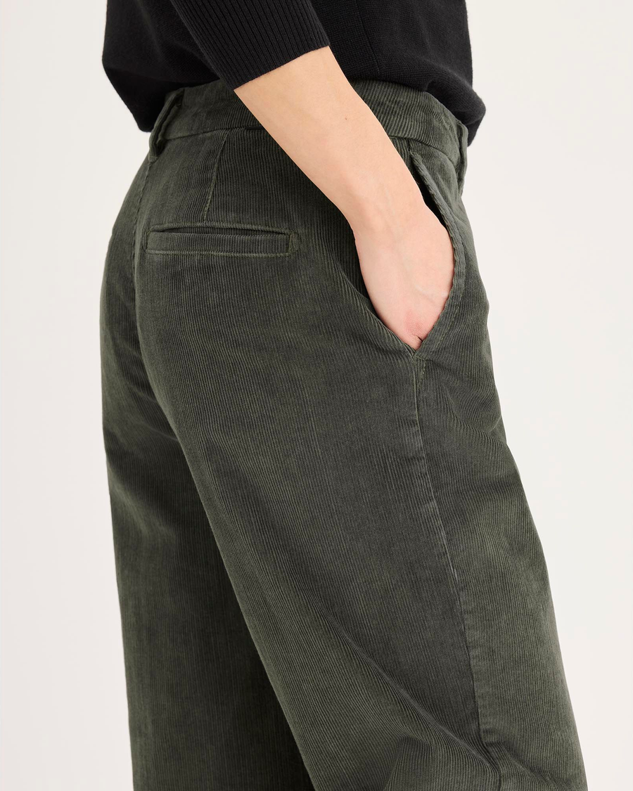 Side view of model wearing Chimera Blake Chino, High Straight Fit.