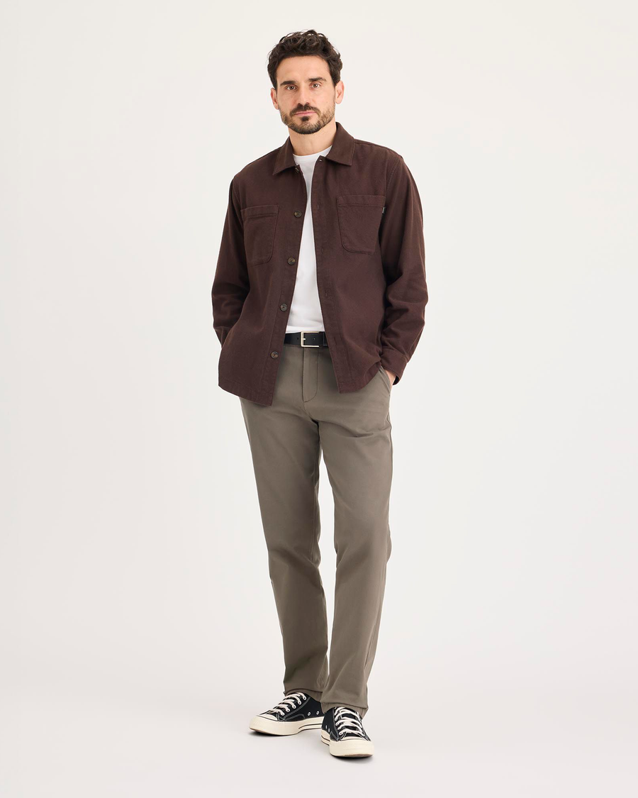 Front view of model wearing Chocolate Chip Crafted Khaki Pants, Slim Fit.