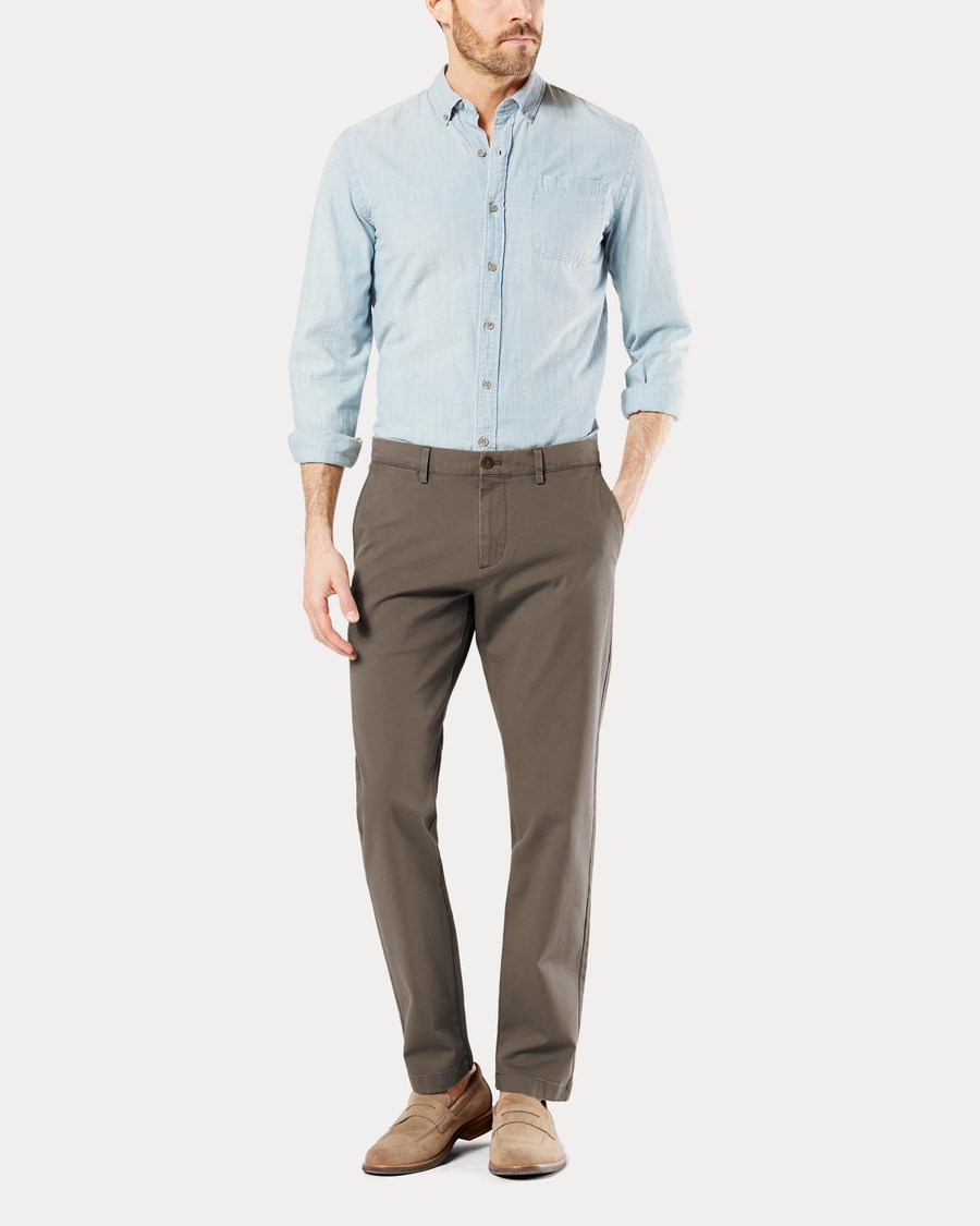 Front view of model wearing Chocolate Chip Crafted Khaki Pants, Slim Tapered Fit.