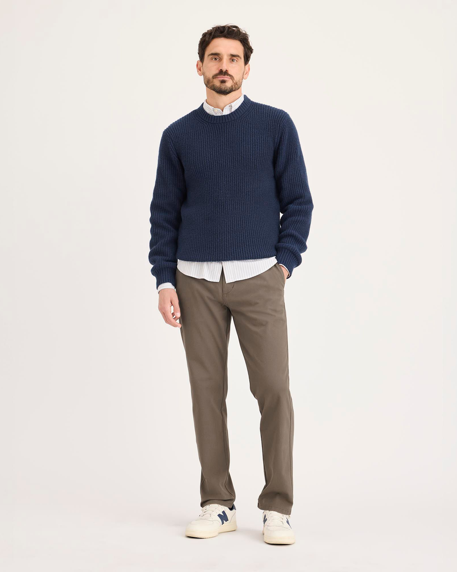 Front view of model wearing Chocolate Chip Ultimate Chinos, Slim Fit.