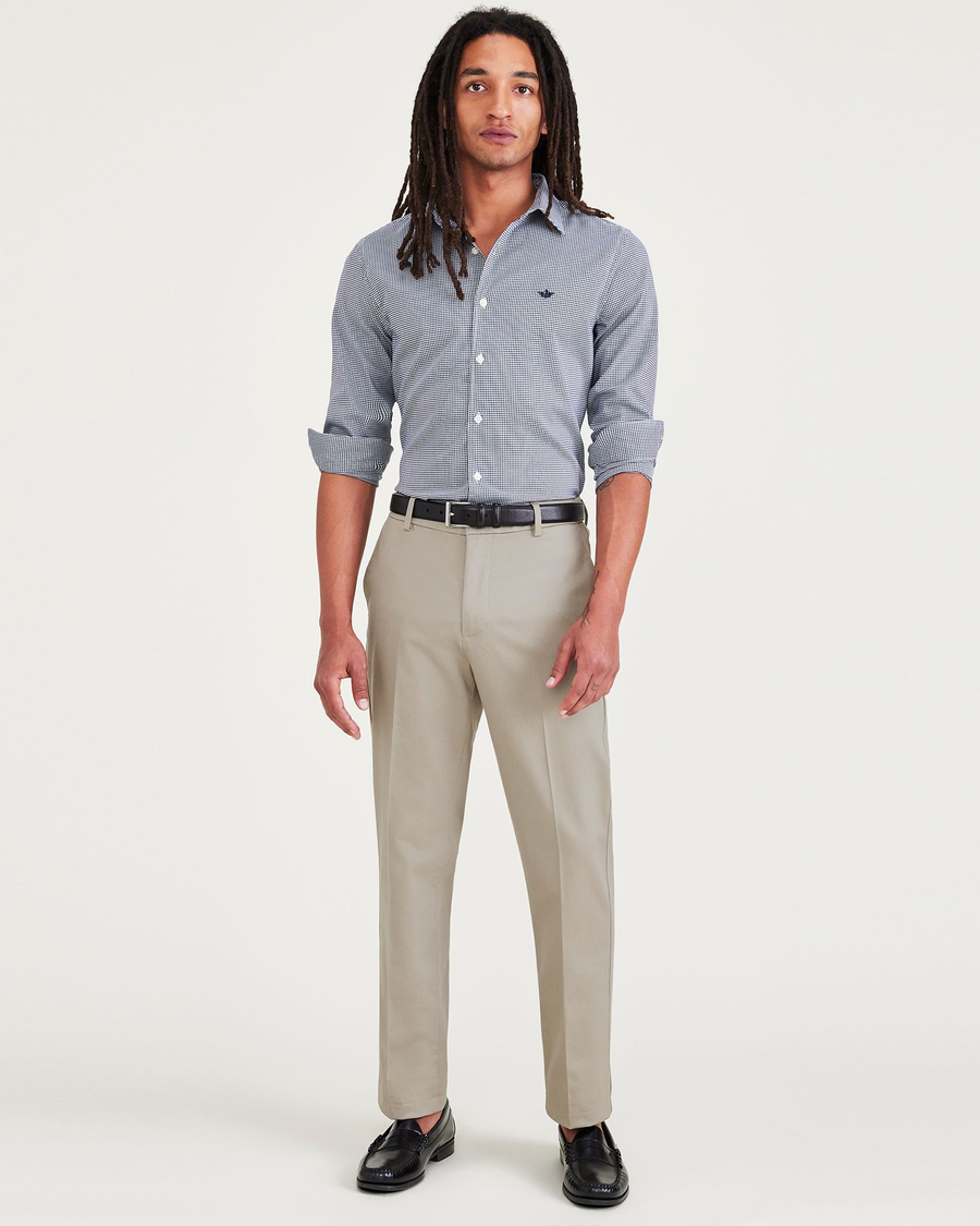 Front view of model wearing Cloud Signature Iron Free Khakis, Creased, Slim Fit with Stain Defender®.