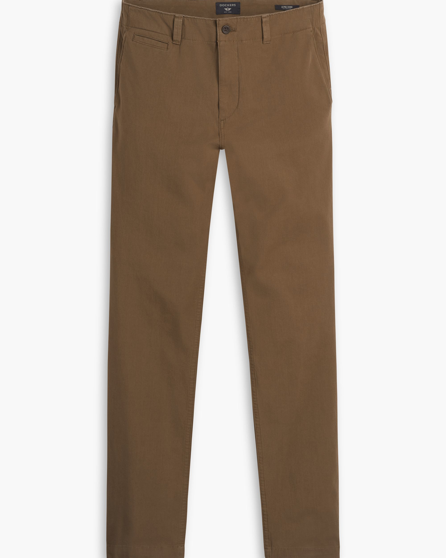 View of model wearing Coffee Liquer Alpha Chino Pants, Slim Fit.