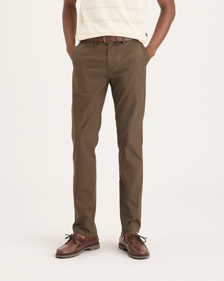 Front view of model wearing Coffee Liquer Crafted Khaki Pants, Slim Fit.