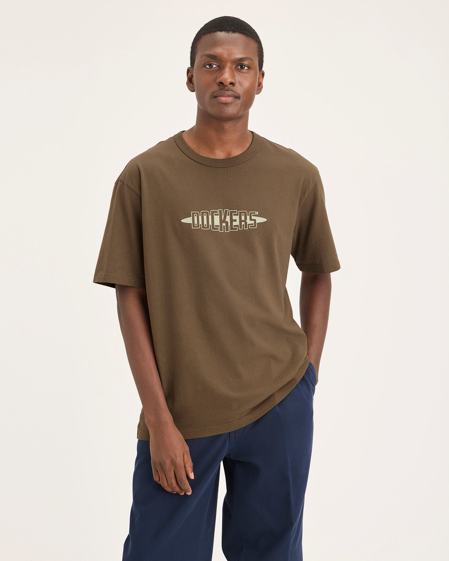 Front view of model wearing Coffee Liquer Eighty-Six Tee, Relaxed Fit.
