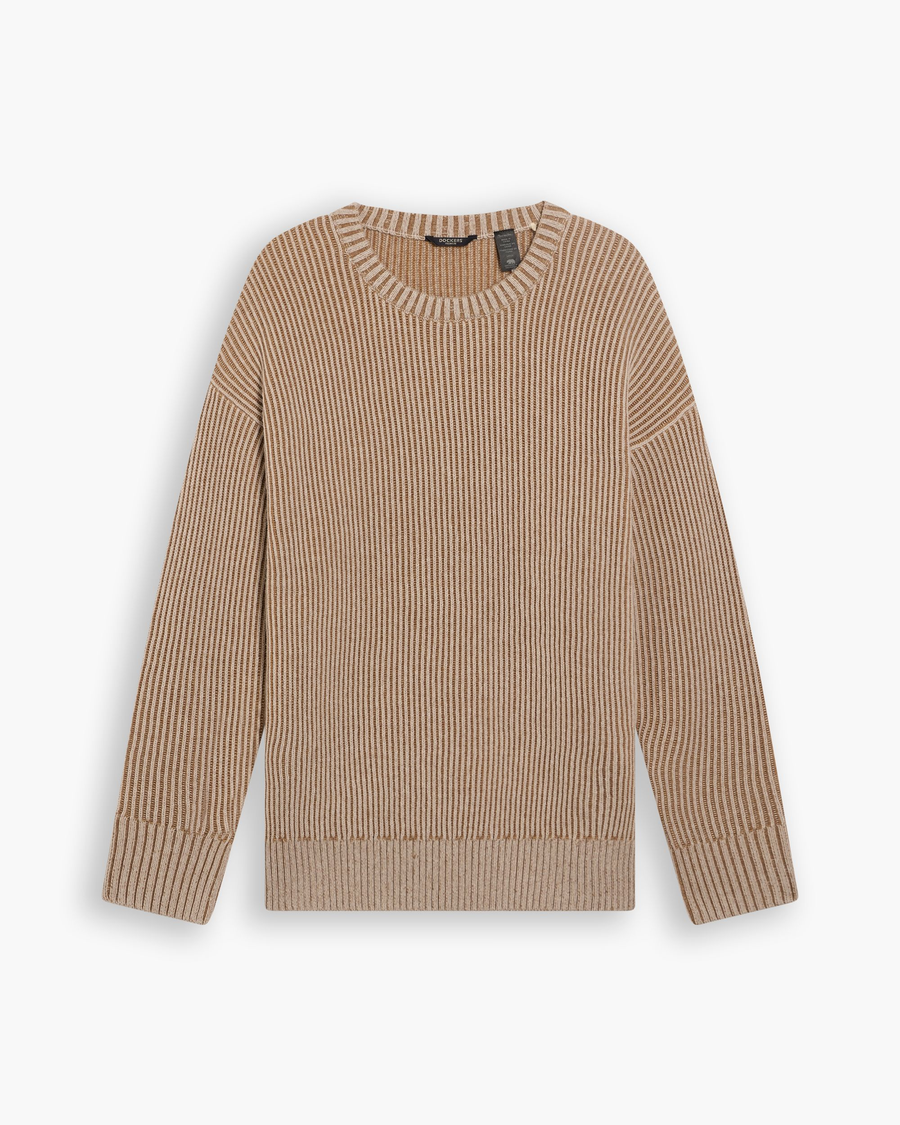 View of model wearing Cream Plaited Crewneck Sweater, Relaxed Fit.