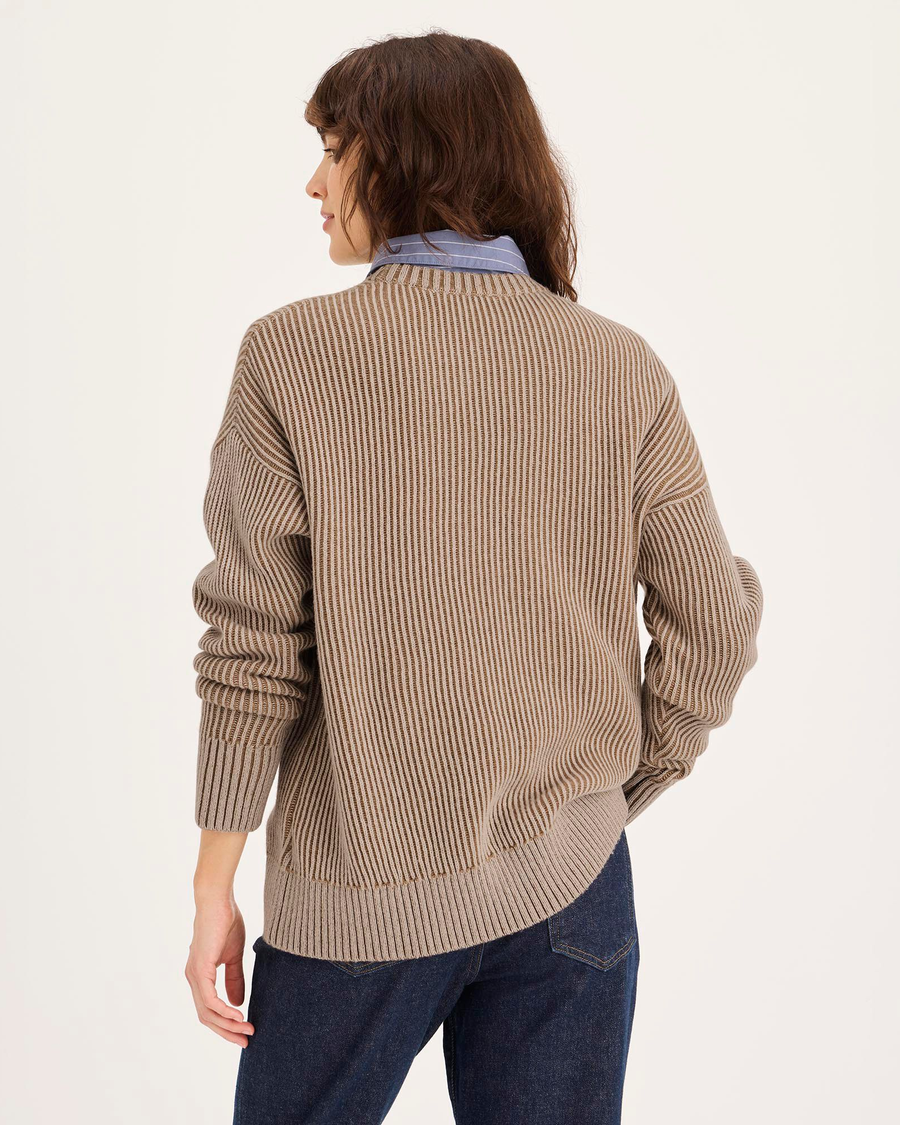 Back view of model wearing Cream Plaited Crewneck Sweater, Relaxed Fit.