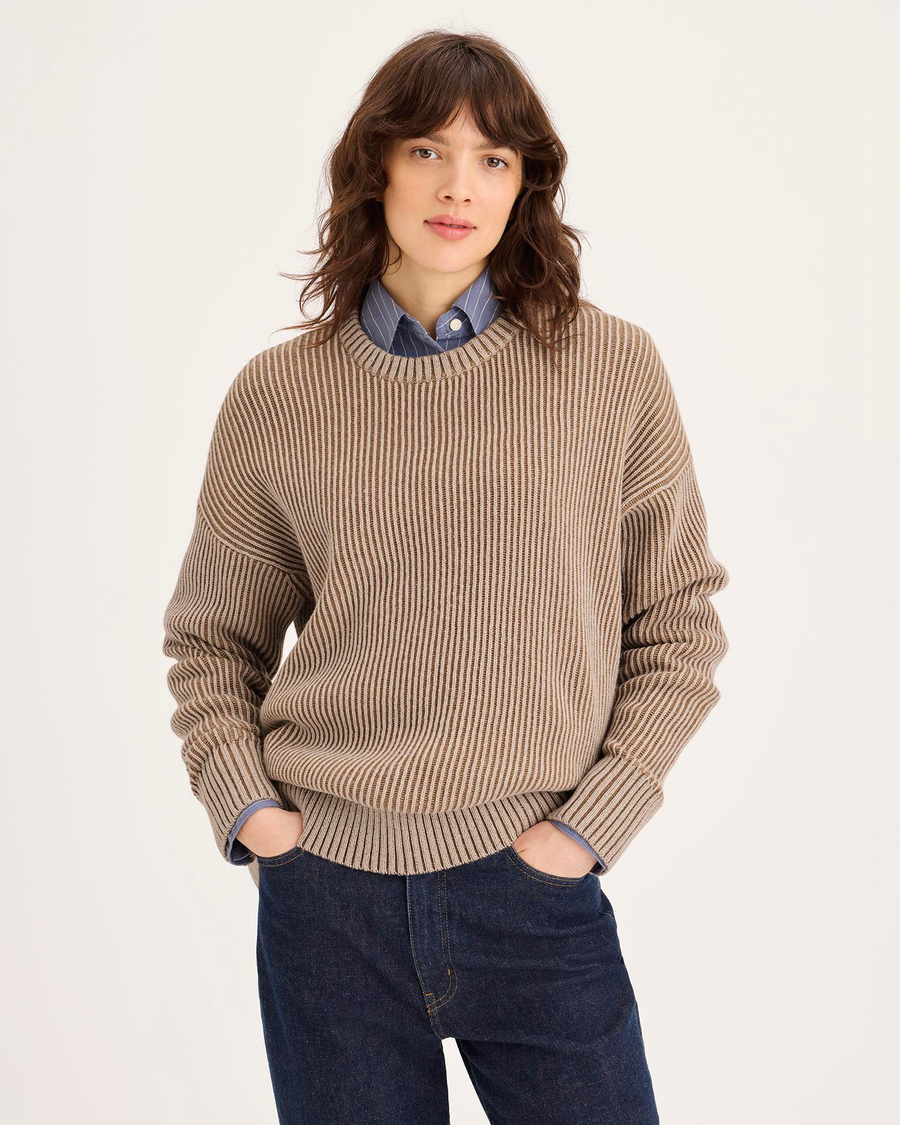 Front view of model wearing Cream Plaited Crewneck Sweater, Relaxed Fit.