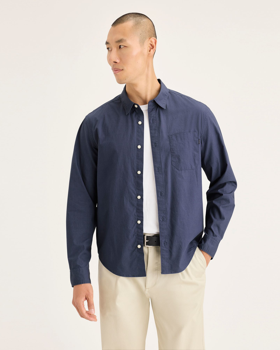 Front view of model wearing Crown Blue Men's Regular Fit Ultimate Shirt.