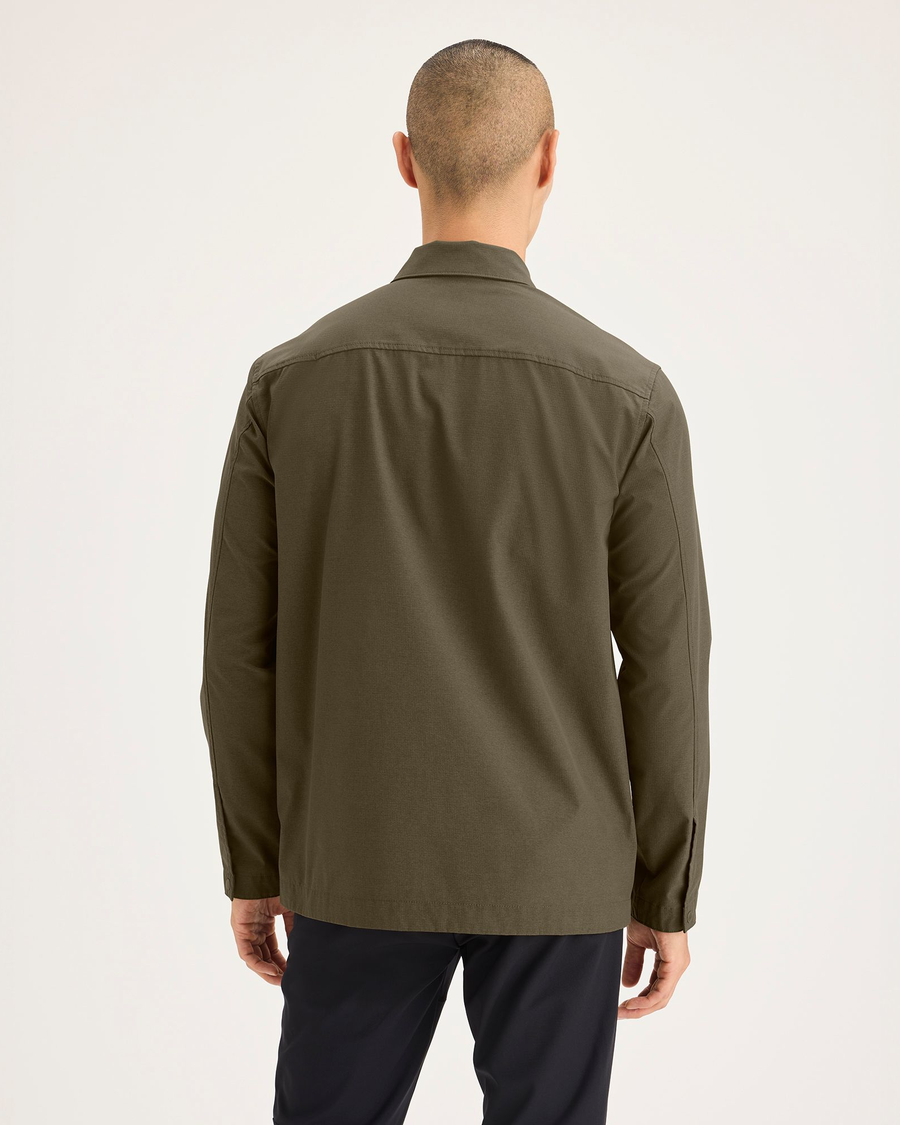 Back view of model wearing Dark Olive Go Overshirt, Regular Fit.