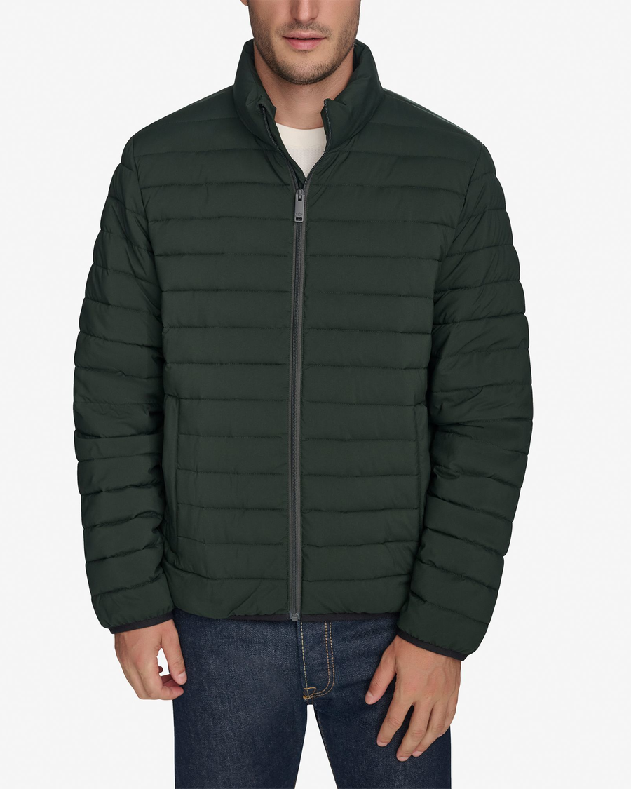 Front view of model wearing Deep Forest Men's Packable Jacket.