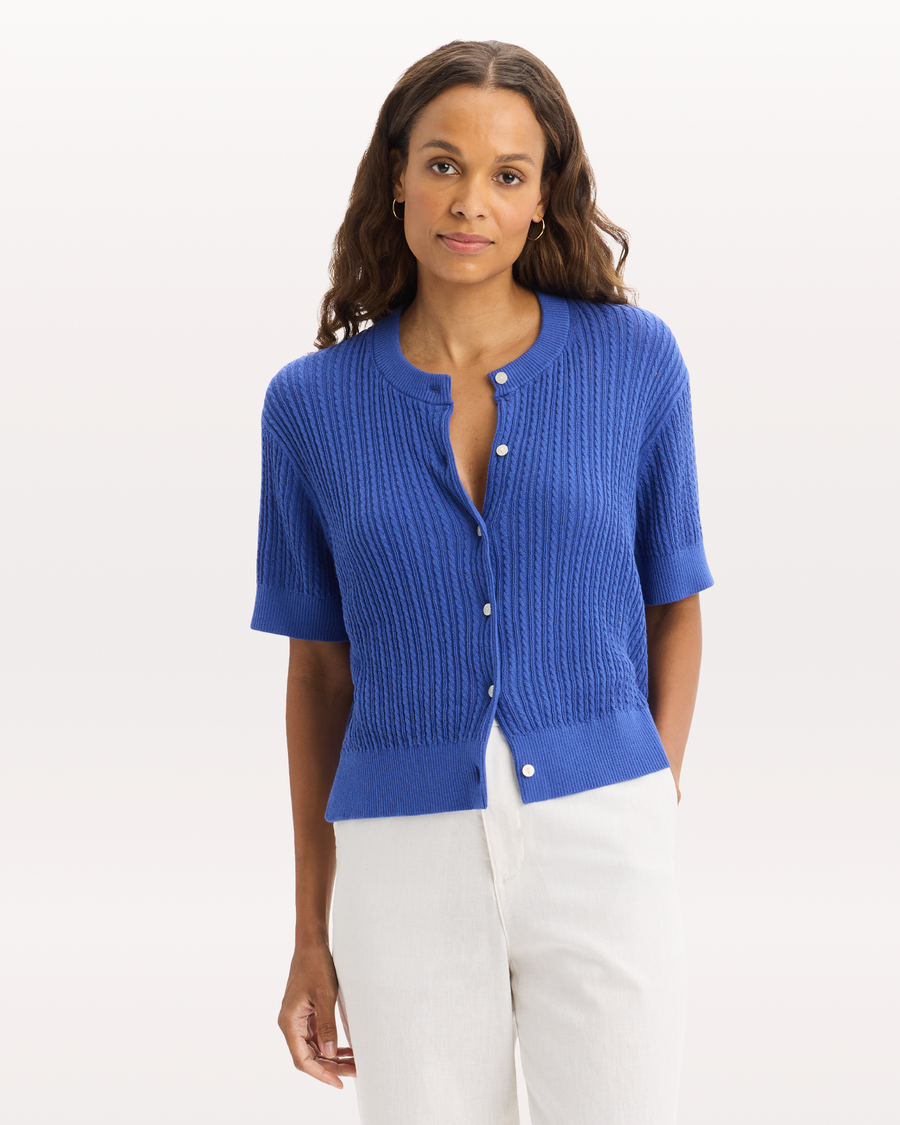 View of model wearing Deep Ultramarine Short Sleeve Cardigan, Regular Fit.